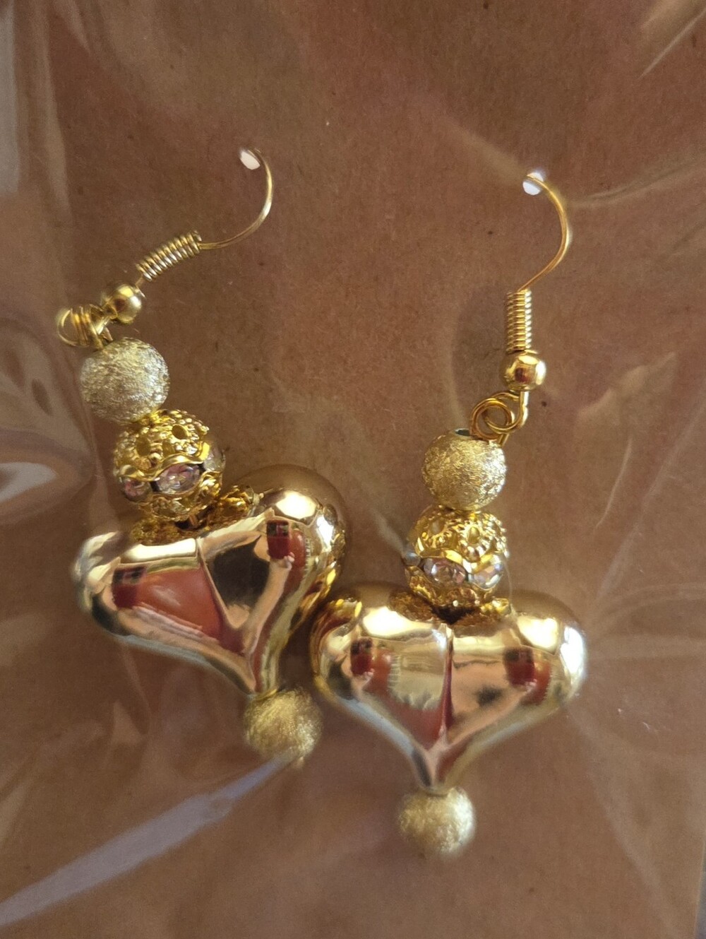 Gold Heart Drop Earrings with Sparkle Beads - Women Jewelry